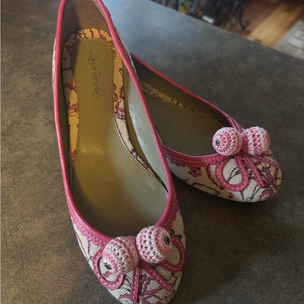 Stylish Pink Patterned Flats from Anthropologie with Crocheted Detail